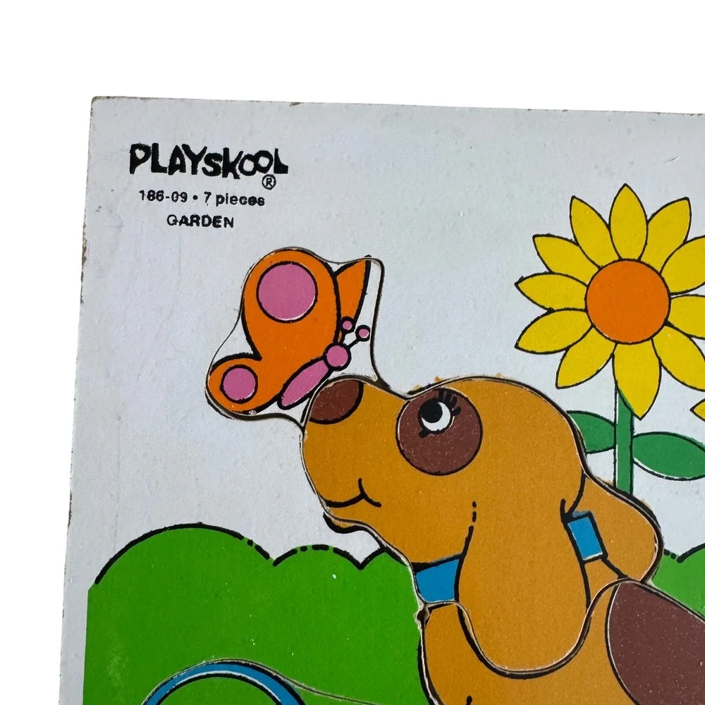 Playskool Garden Dog Butterfly Wooden Peg Puzzle 7 Pieces Made in USA Board‎